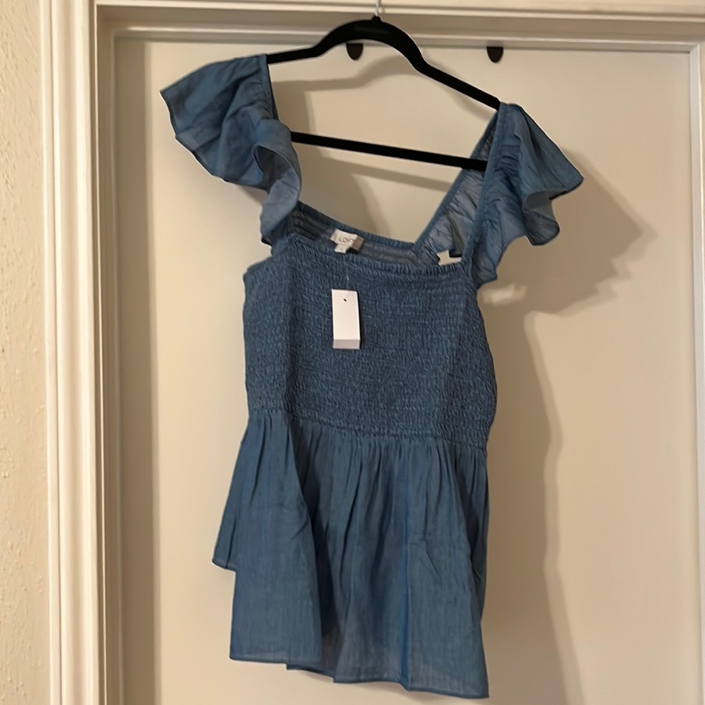 Cotton Denim Flutter Sleeve Top